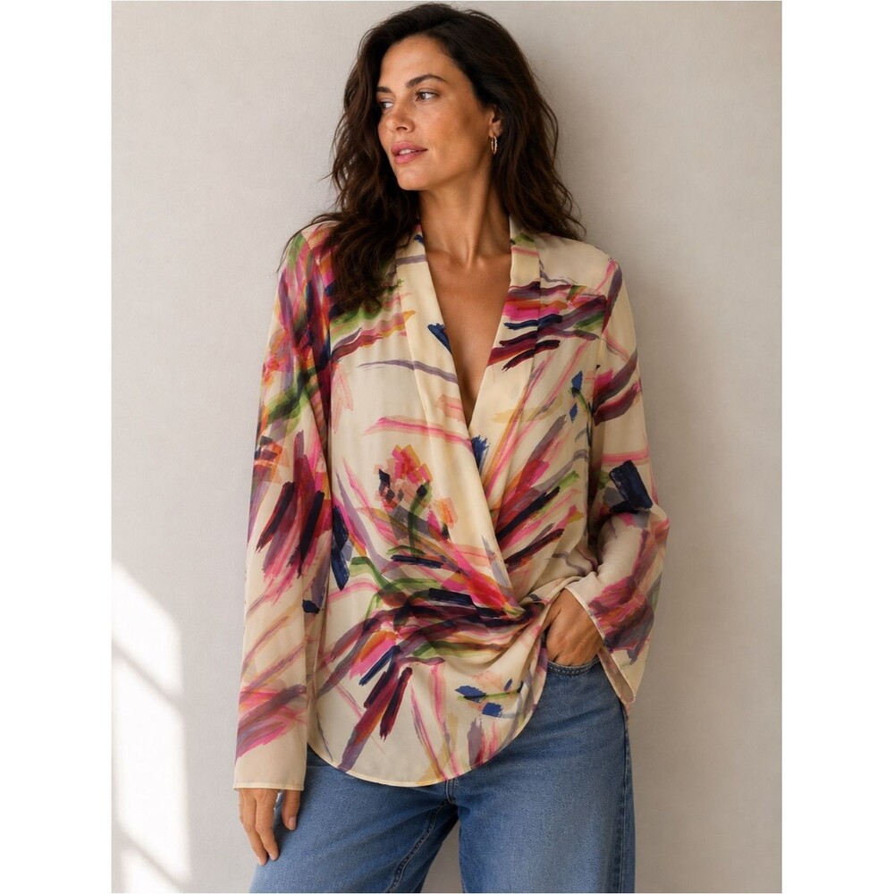 Anthropologie HD in Paris Watercolor Floral Faux Wrap Blouse Multicolor Size 8